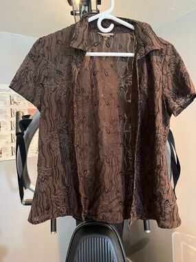 Brown Embroidered Short-Sleeve Button Front Shirt